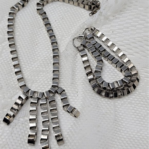 Bike Chain Necklace & Bracelet Set Silver Tone - Picture 1 of 9